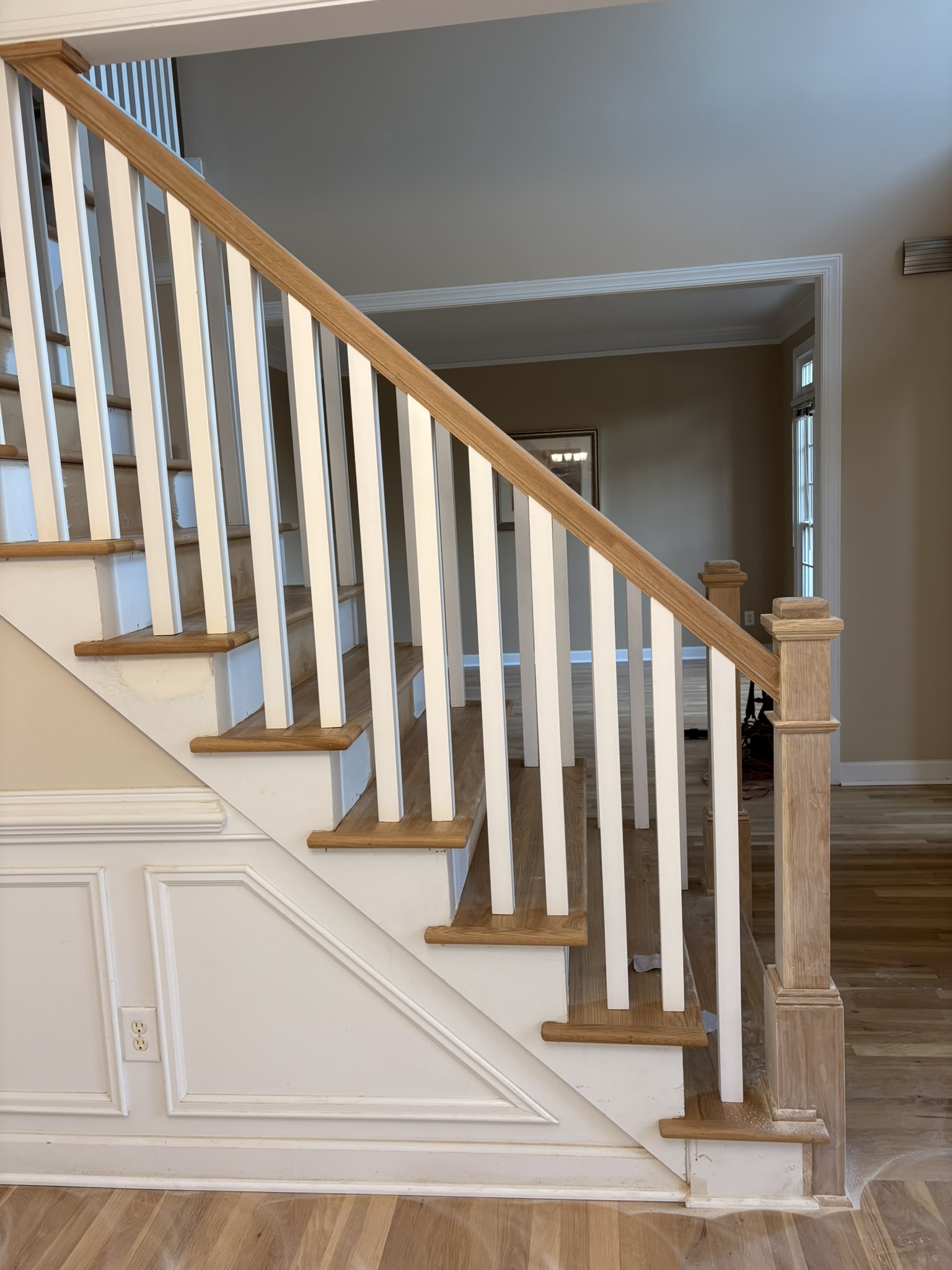 square white balusters with white oak handrails
